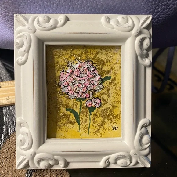 Original flower acrylic painting, abstract. Ornate White Frame  4x4.25 inches - Picture 2 of 11